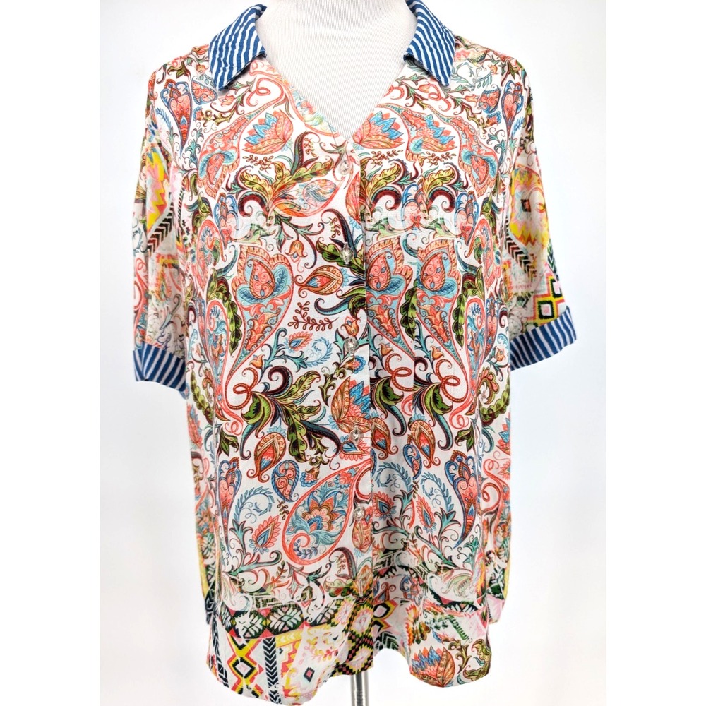 Tolani Collection Paisley Floral Resort Boho Maximalist Tropical Blouse Small